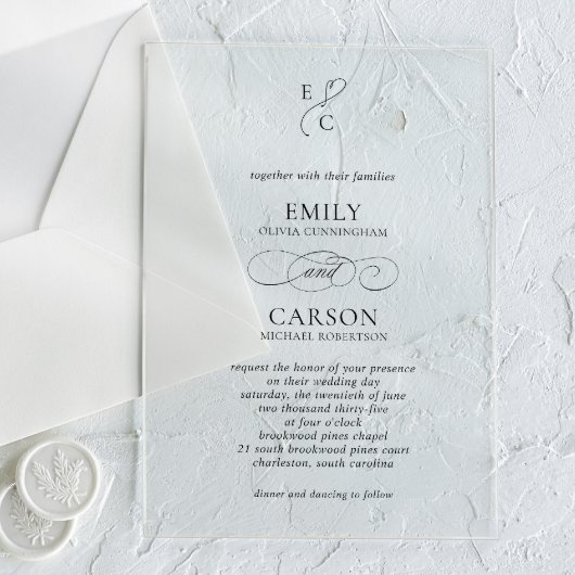 Elegant Script Eenvoudig Monogram Logo Modern Wedd Acryl Uitnodigingen