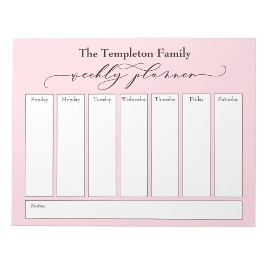 Elegant Script Eenvoudige Weekplanner, Pastelroze Notitieblok (Voorkant)