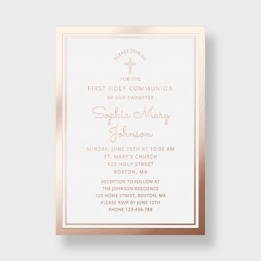 Elegant Script Eerste Communie Roze Goud Folie Uitnodiging