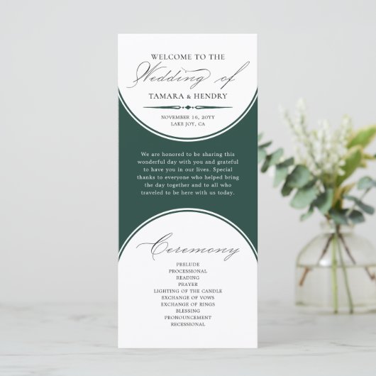 Elegant Script Emerald Green Arch bruiloft program (Staand voorkant)