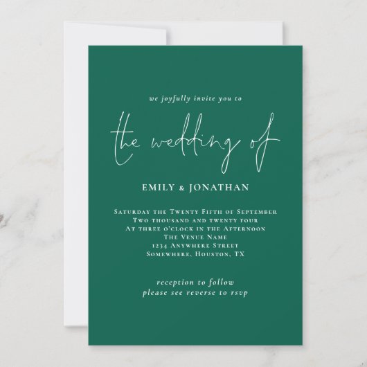 Elegant Script Emerald Green QR Code Weddenschap Kaart (Voorkant)