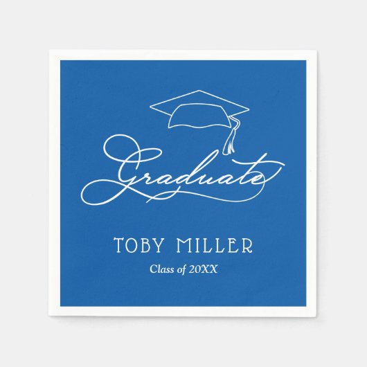 Elegant Script en Afstudeerder Pet Blauw Afstudere Servet (Voorkant)