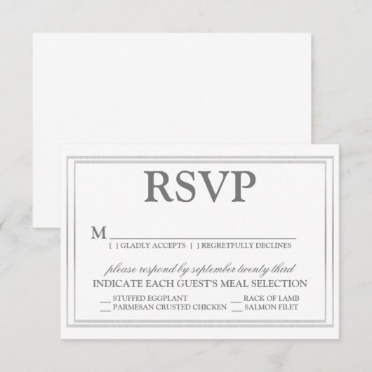 Elegant Script en Silver Border Wedding RSVP Kaartje (Voorkant / Achterkant)
