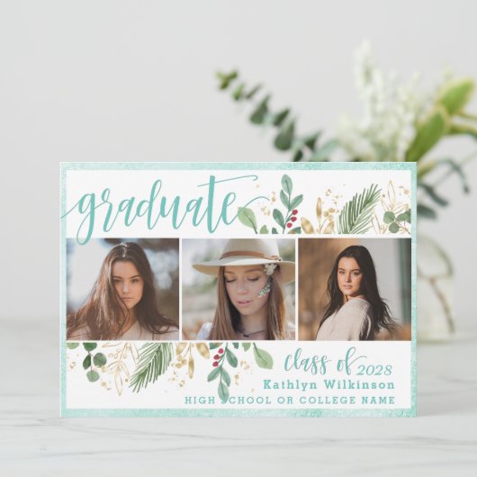 Elegant Script Eucalyptus Greenery 3 Foto Afstudee Aankondiging (Staand voorkant)