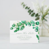 Elegant Script Eucalyptus Greenery Save the Date Briefkaart (Staand voorkant)