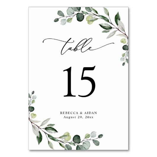 Elegant Script Eucalyptus Greenery Table Number Kaart (Voorkant)