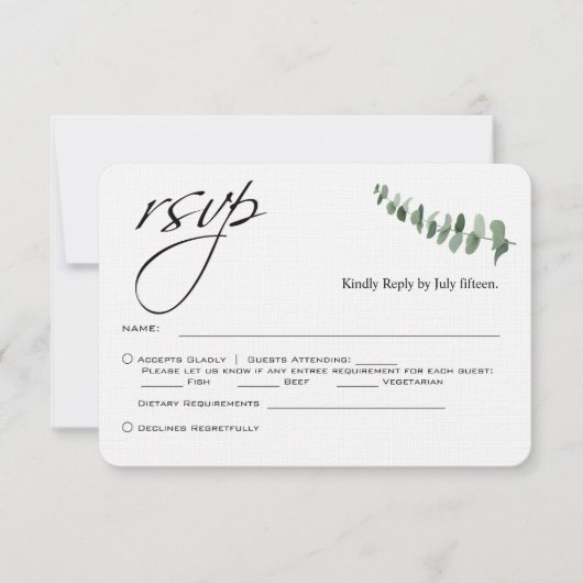Elegant Script Eucalyptus QR Code Bruiloft RSVP Notitiekaartje (Voorkant)