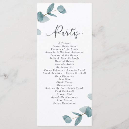 Elegant Script Eucalyptus trouwceremonie Programma (Achterkant)