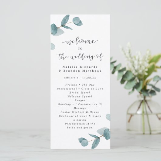 Elegant Script Eucalyptus trouwceremonie Programma (Staand voorkant)