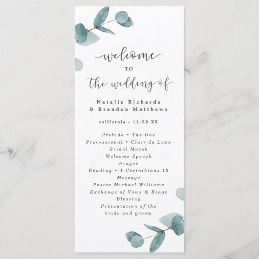 Elegant Script Eucalyptus trouwceremonie Programma (Voorkant)