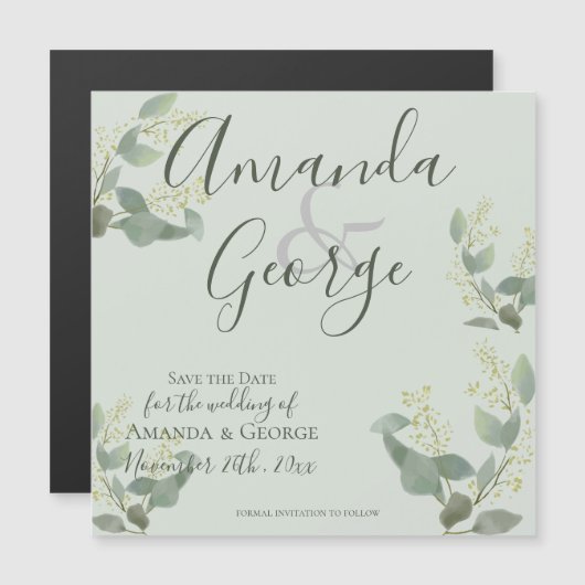 Elegant Script Eucalyptus verlaat de datum opslaan Magnetische Uitnodiging (Voorkant / Achterkant)