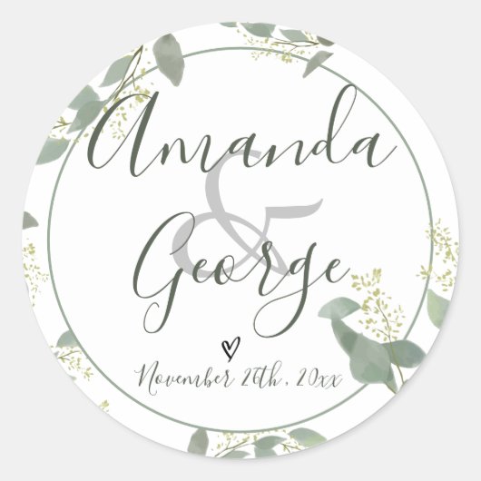 Elegant script | Eucalyptusbladeren | Weddenschap Ronde Sticker (Voorkant)