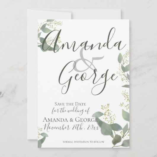 Elegant script | Eucalyptusbladeren | Weddenschap Save The Date (Voorkant)