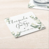 Elegant script | Eucalyptusbladeren | Weddenschap Vierkante Kartonnen Onderzetter (Schuin)