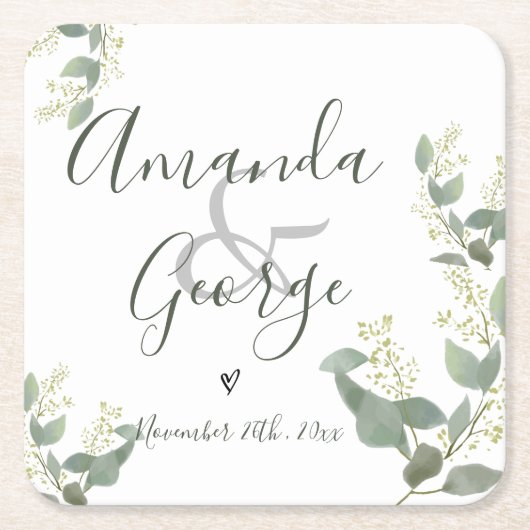 Elegant script | Eucalyptusbladeren | Weddenschap Vierkante Kartonnen Onderzetter (Voorkant)