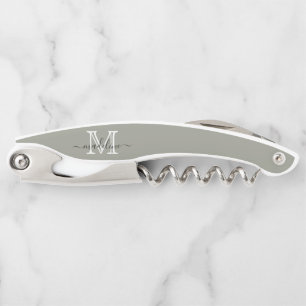Elegant Script Evergreen Fog Monogram Kitchen Kurkentrekker