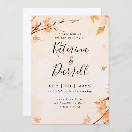 Élégant script Faire-part de mariage d'automne (Devant / Derrière)