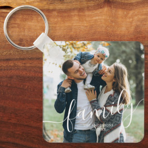 Elegant Script "Family" Aangepaste foto Sleutelhanger