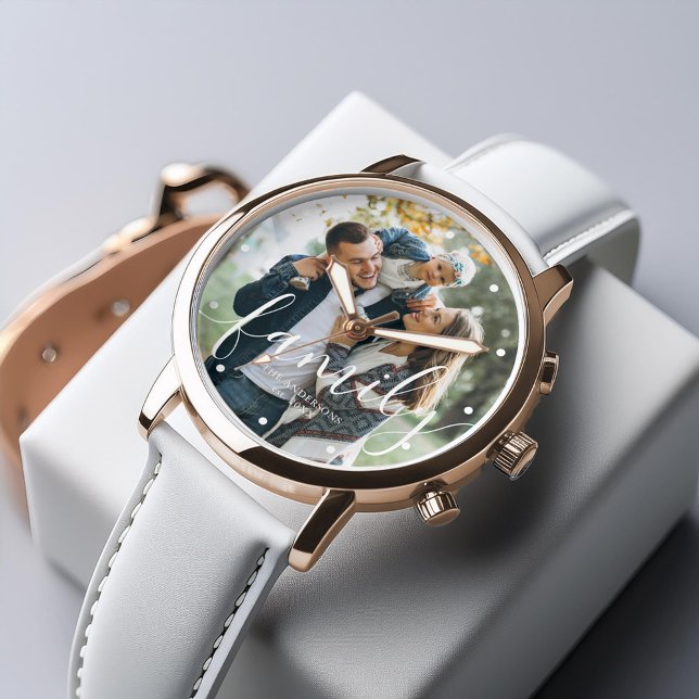 Elegant Script "Family" Custom Photo Watch Horloge (Inspiration mockup (not actual product))