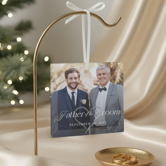 Elegant Script Father of the Groom Photo Keepsake Glas Ornament