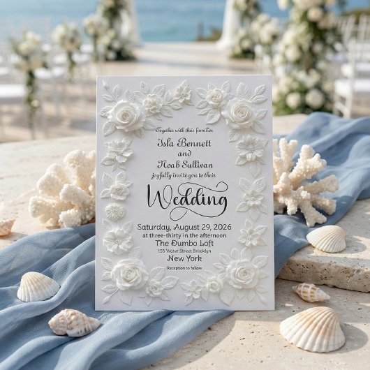 Elegant Script Faux Embossed Roses Formal Wedding  Kaart