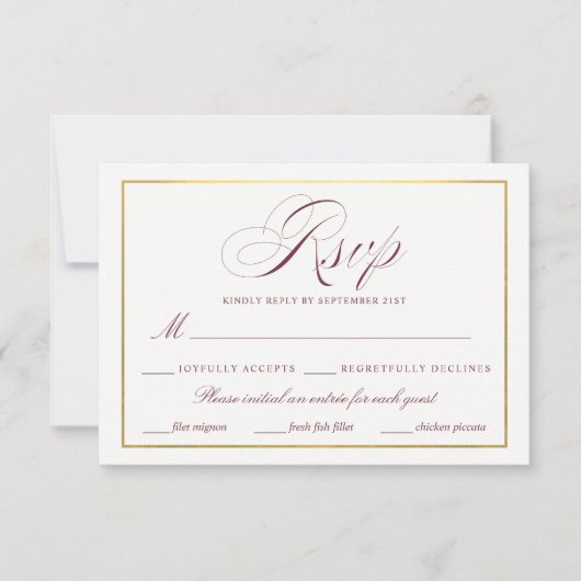 Élégant Script Faux Gold Burgundy Repas RSVP (Devant)