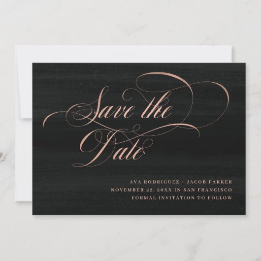 Elegant script | Faux Roos Gold en Black Save The Date (Voorkant)
