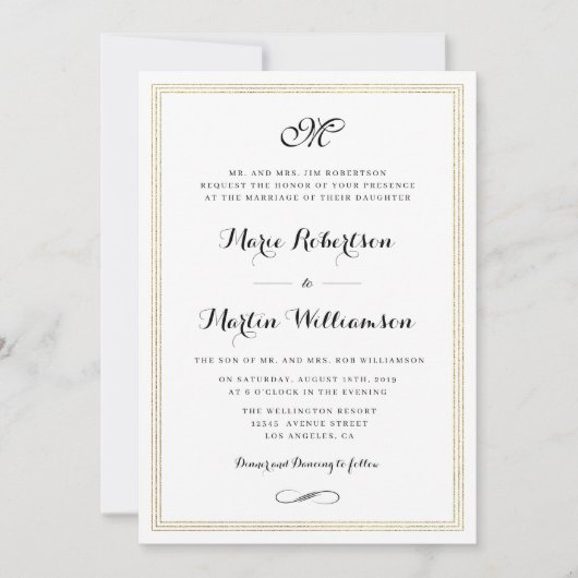 Élégant script feuille d'or faire-part de mariage (Devant)