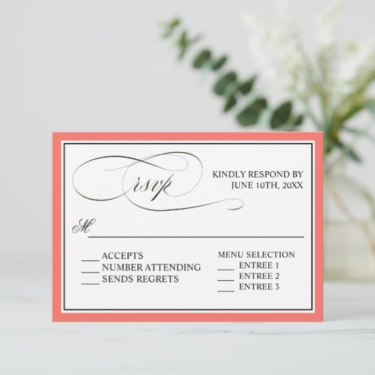 Élégant script fleurit RSVP avec bordure de corail (Debout devant)