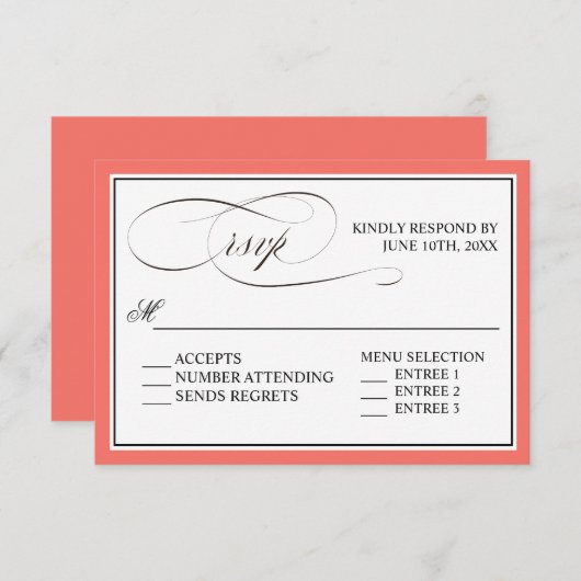 Élégant script fleurit RSVP avec bordure de corail (Devant / Derrière)