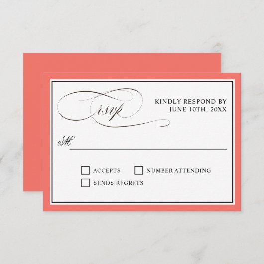 Élégant script fleurit RSVP Coral Bordure (Devant / Derrière)