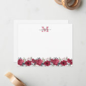 Elegant Script Floral Burgundy Red Monogram Notitiekaartje (Voorkant / Achterkant in situ)