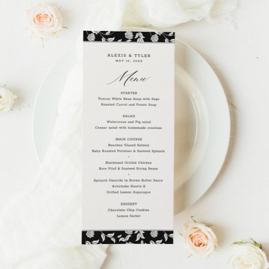Élégant Script Floral noir blanc menu Mariage