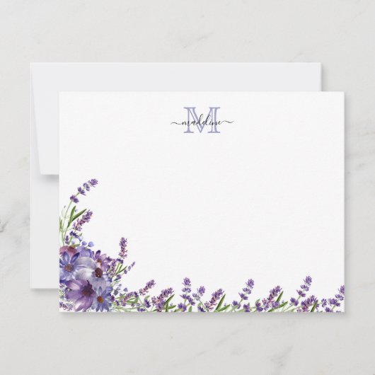 Elegant Script Floral Paars Lavender Monogram niet Notitiekaartje (Voorkant)
