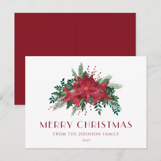Elegant Script Floral Poinsettia Merry kerst Briefkaart (Voorkant / Achterkant)