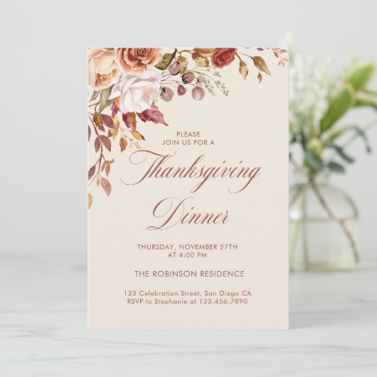 Elegant Script Floral Thanksgiving Diner Kaart (Staand voorkant)