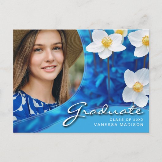 Elegant Script Flowers Blue | Modern Photo Afstude Briefkaart (Voorkant)