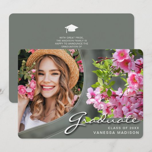 Elegant Script Flowers Sage | Modern Photo Afstude Aankondiging (Voorkant / Achterkant)