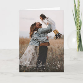 Elegant Script Font Peace Love+Joy Christmas Foto Kaart