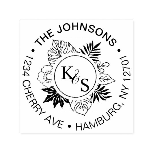 Elegant Script Font Tropical Wreath Monogram Zelfinktende Stempel (Design)