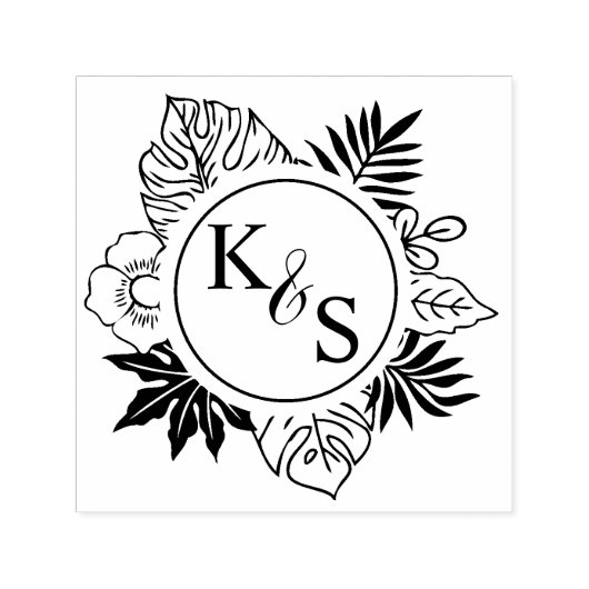 Elegant Script Font Tropical Wreath Monogram Zelfinktende Stempel (Design)