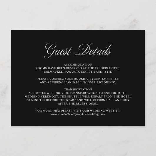 Elegant Script Formele Zwarte Bruiloft Gast Detail Informatiekaartje (Voorkant)