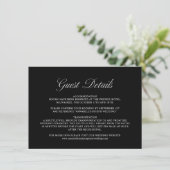 Elegant Script Formele Zwarte Bruiloft Gast Detail Informatiekaartje (Staand voorkant)