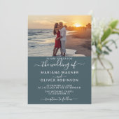 Elegant Script Foto Boho Blue Wedding Uitnodiging (Staand voorkant)