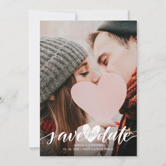 Elegant Script Foto Bruiloft Hart Confetti Save The Date (Voorkant)