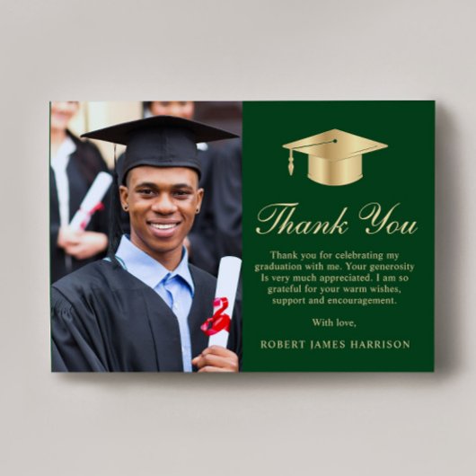 Elegant Script Foto Groen Goud Afstuderen Bedankkaart