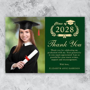 Elegant Script Foto Groen Goud Afstuderen Bedankkaart