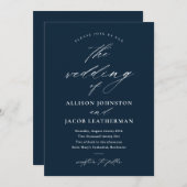 Elegant Script Foto Marine Blauw Bruiloft Kaart (Voorkant / Achterkant)