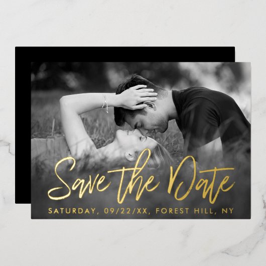 Elegant Script Foto Save The Date Echt Folie Uitnodiging (Voorkant / Achterkant)