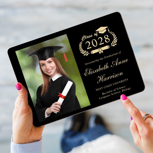 Elegant Script Foto Zwart Goud College Afstuderen Aankondiging